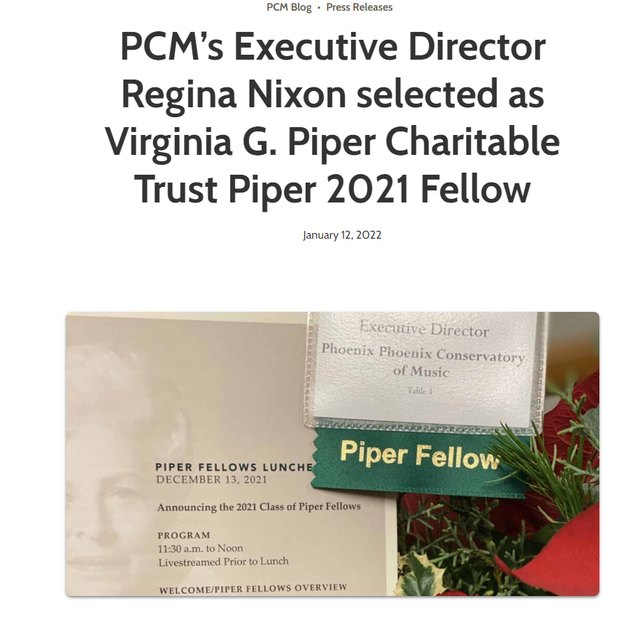 Image of Blog Post for Phoenix Conservatory of Music with title, PCM's Executive Director Regina Nixon selected as Virginia G. Piper Charitable Trust Piper 2021 Fellow