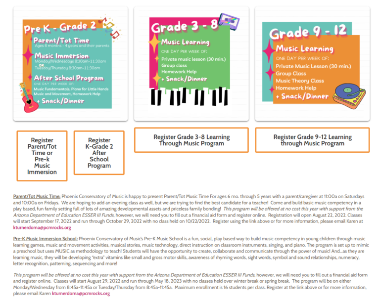 Image of landing page for Learning Through Music web page on Phoenix Conservatory of Music's website.